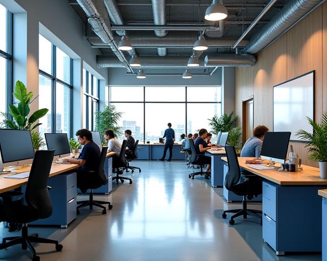 Espacio de trabajo abierto y colaborativo en una oficina tecnológica