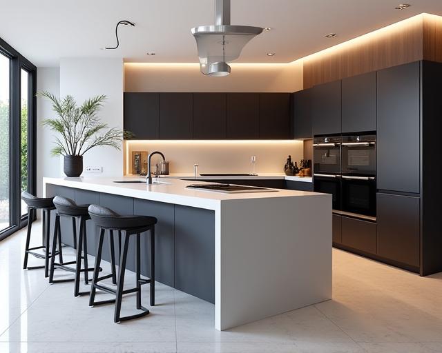 Cocina de diseño moderno con isla central en una villa de lujo